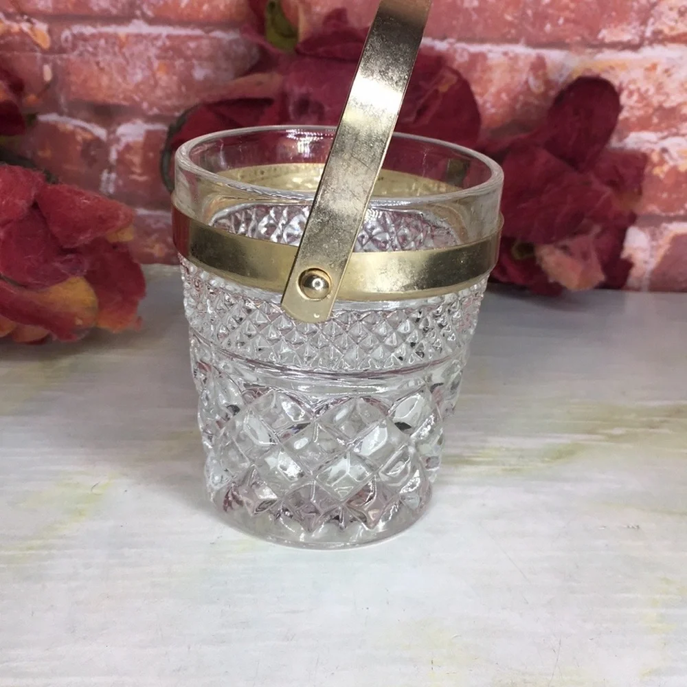 Vintage 60s Anchor Hocking Whimsy Wexford Crystal and Brass Sugar Bucket